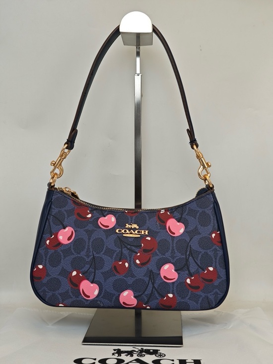 Coach Handbags - Coach Navy Cherry Print Shoulder Bag with Pink & Red Accents